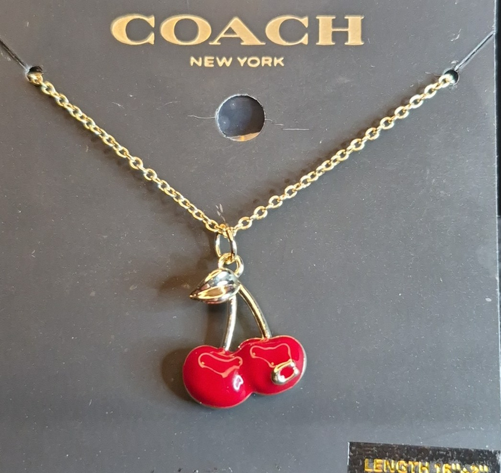 Coach Heart Cherry Pendant Necklace Gold Enamel CZ 16\" + 2\" Extender NWT